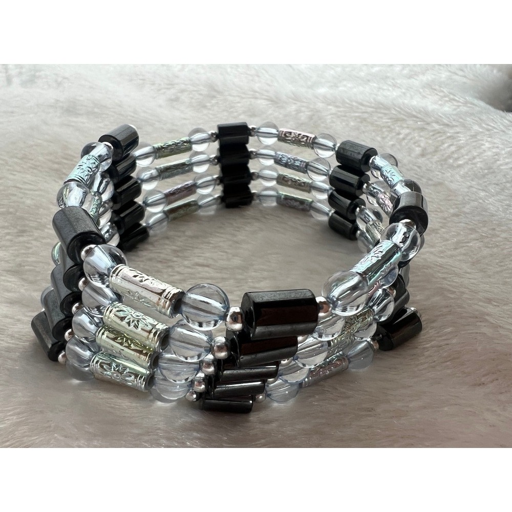 Magnetic Hematite Wrap Bracelet Black Silver Beaded Multi‎ Strand St Y2K Boho